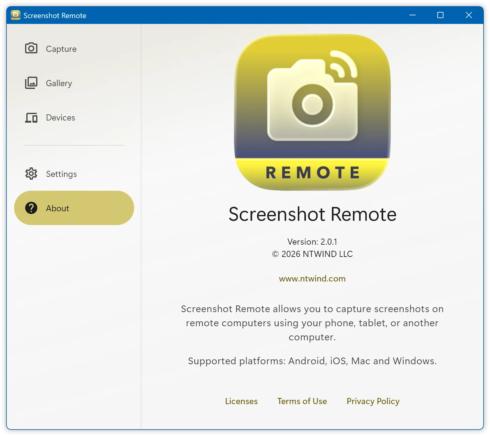 Screenshot Remote - About Version 2.0