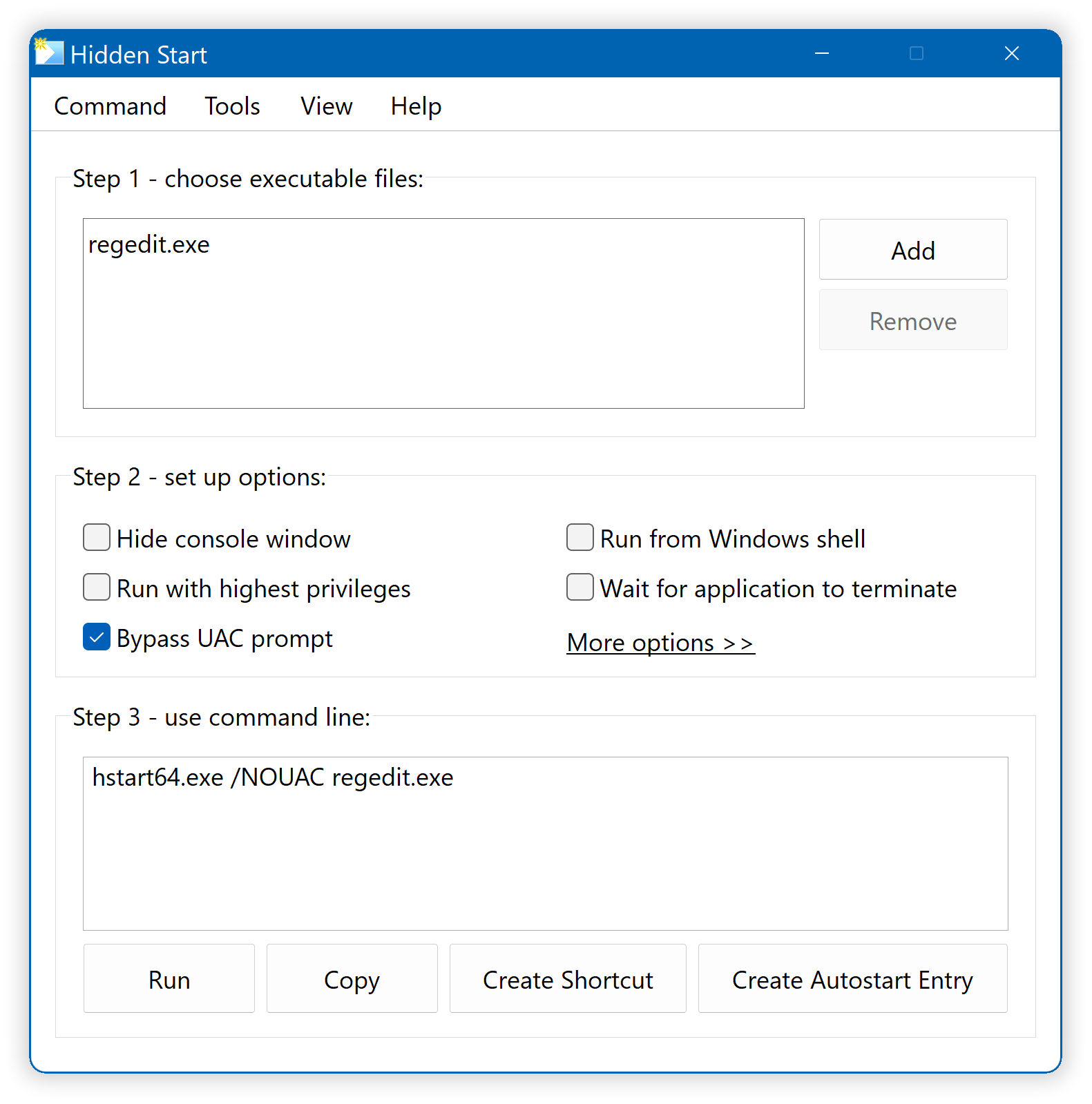 Hidden Start - Bypass UAC, Hide Console Windows, Run Apps in the