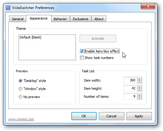 VistaSwitcher Preferences - Appearance