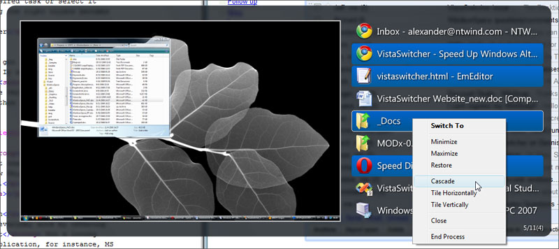 Vistaswitcher right-click options - Switch To, minimize, maximize, restore, tile horizontally, tile vertically, close, end process