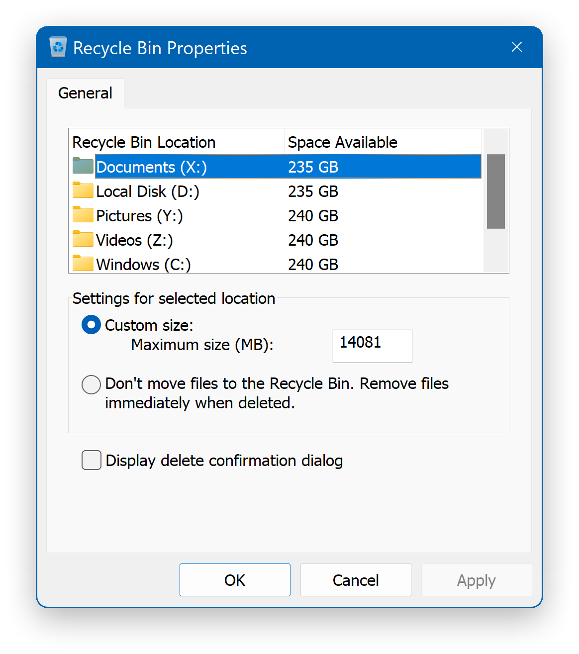 Visual Subst - Recycle Bin Properties