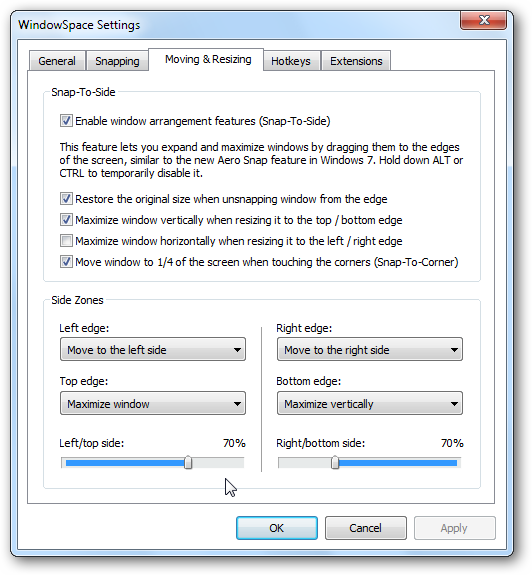 WindowSpace - Snap-To-Side Settings