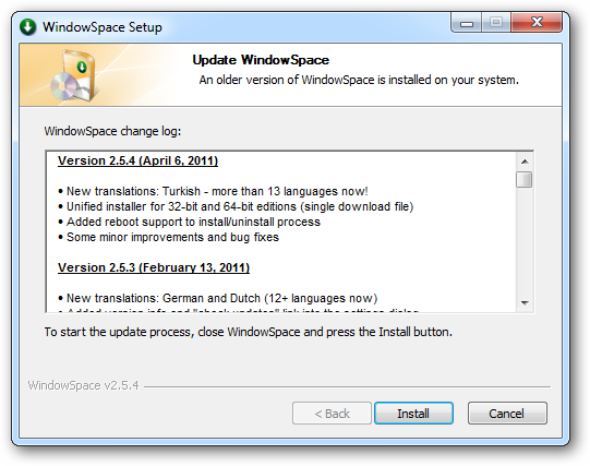 WindowSpace Setup - Update Process