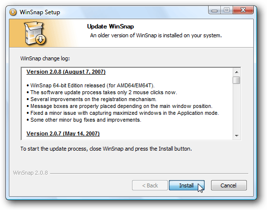 WinSnap Update Process in Windows Vista