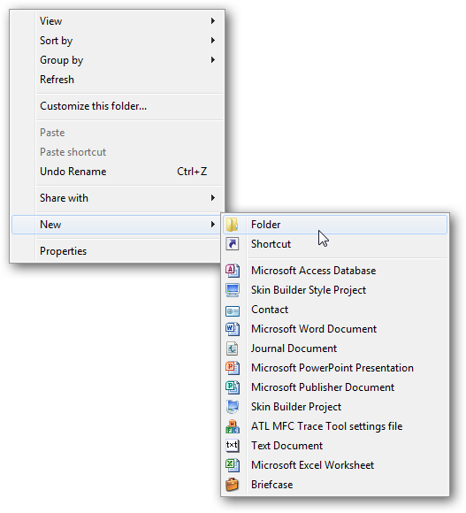 Explorer - New Folder Menu