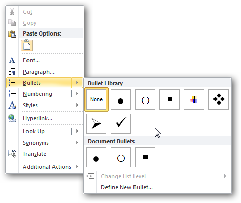 Word 2010 - Bullets Menu