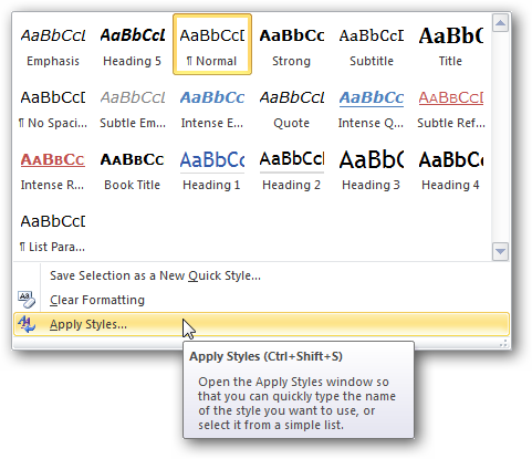 Word 2010 - Styles Popup