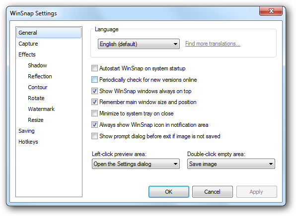 WinSnap Settings - General Page