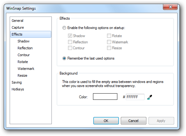 WinSnap Settings - Effects Page