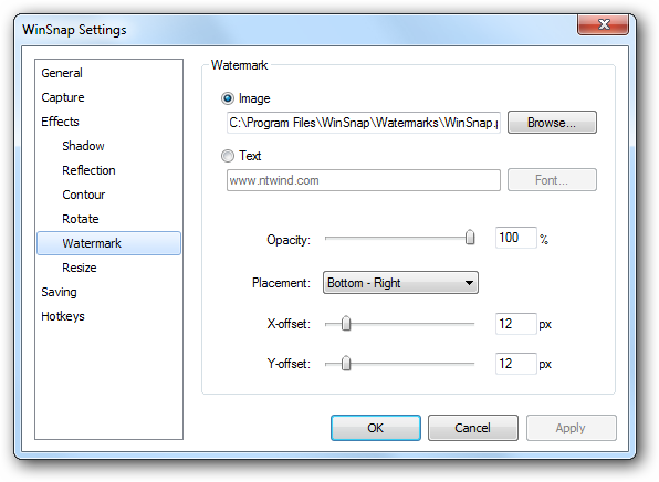 WinSnap Settings - Watermark Page