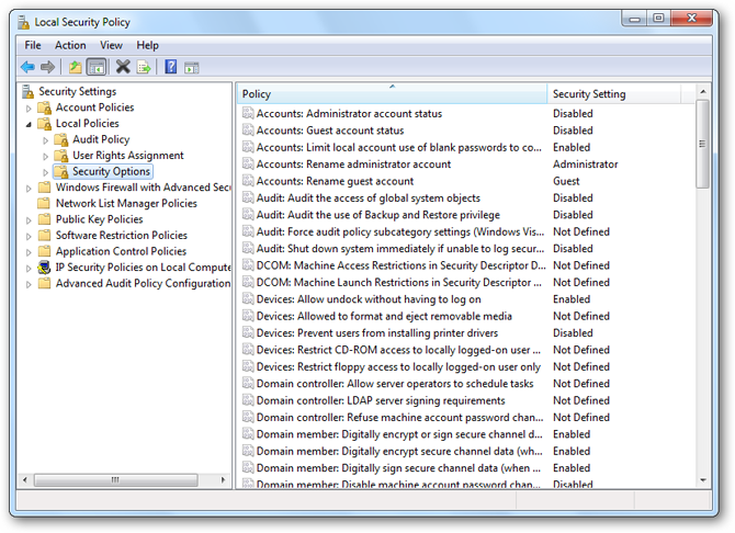 Local Policies - Security Options